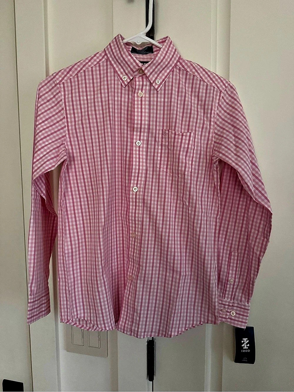 IZOD Boys Long Sleeve Gingham Stretch Button-Down Shirt Pink & White Medium